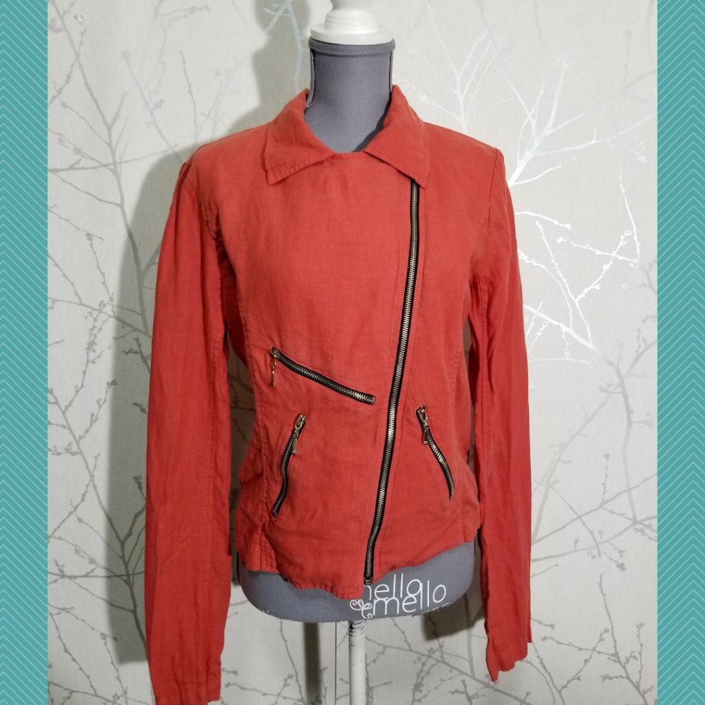Fluxus Orange Linen Double Breasted Moto Jacket w/ Exposed Zippers
